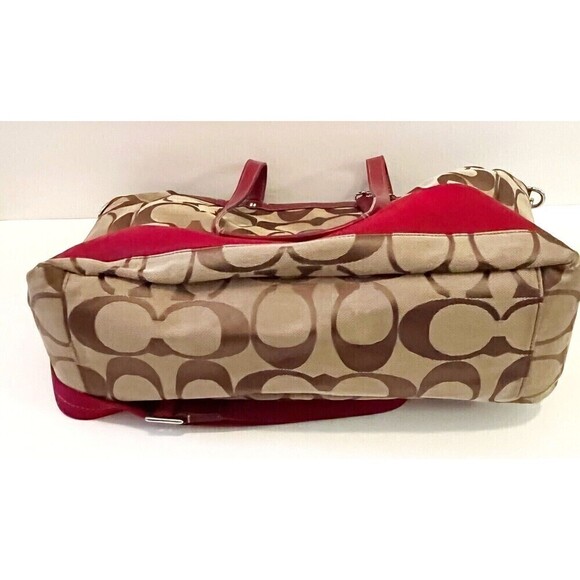 Coach Khaki Signature Cherry Red Tote Bag Handbag Weekender F17443 Patent Large - Picture 6 of 16